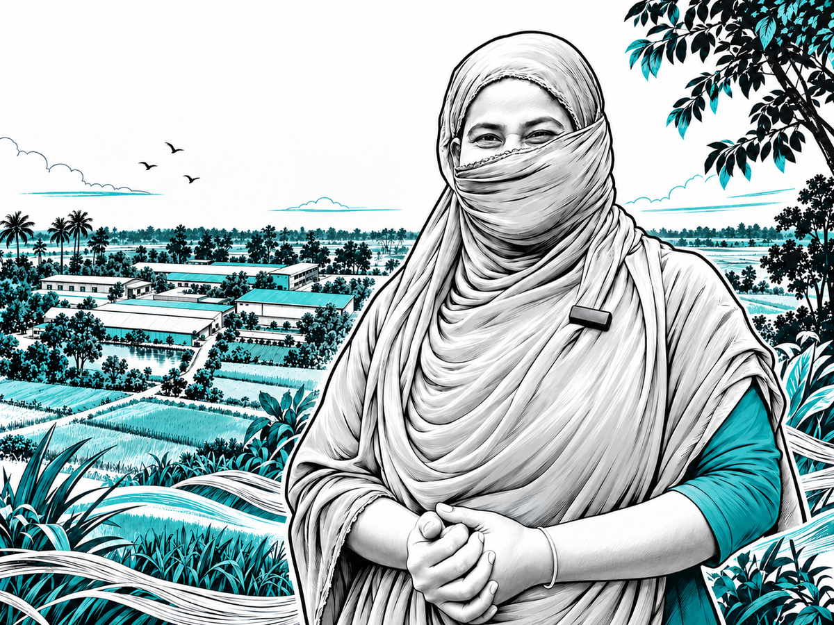 Editorial illustration of the selected scarf-covered woman with clasped hands, with a rural Bangladesh landscape behind her.
