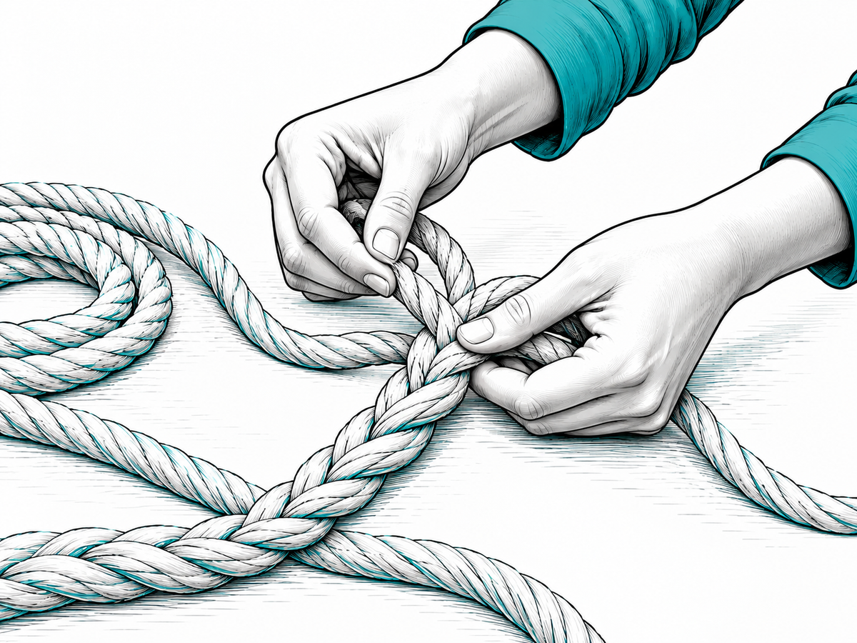 Editorial ink-and-teal illustration of anonymous adult hands braiding natural cotton cord.